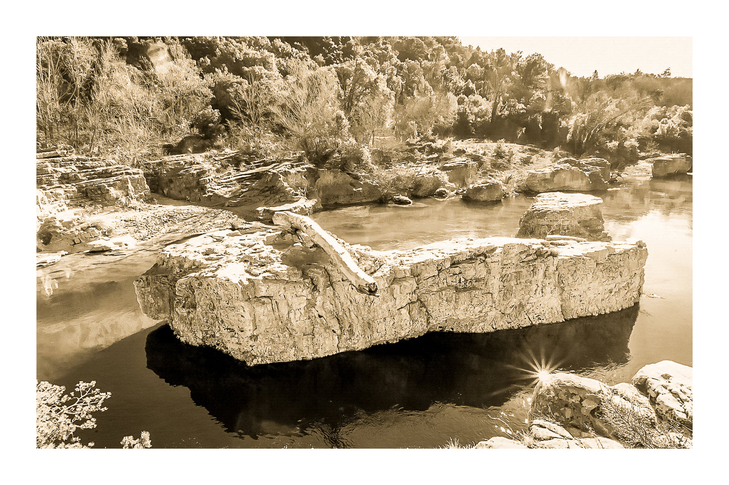 Rocher allongé sur la Cèze avec tronc et reflets, entouré de berges rocheuses et de végétation, vintage avec bordure
