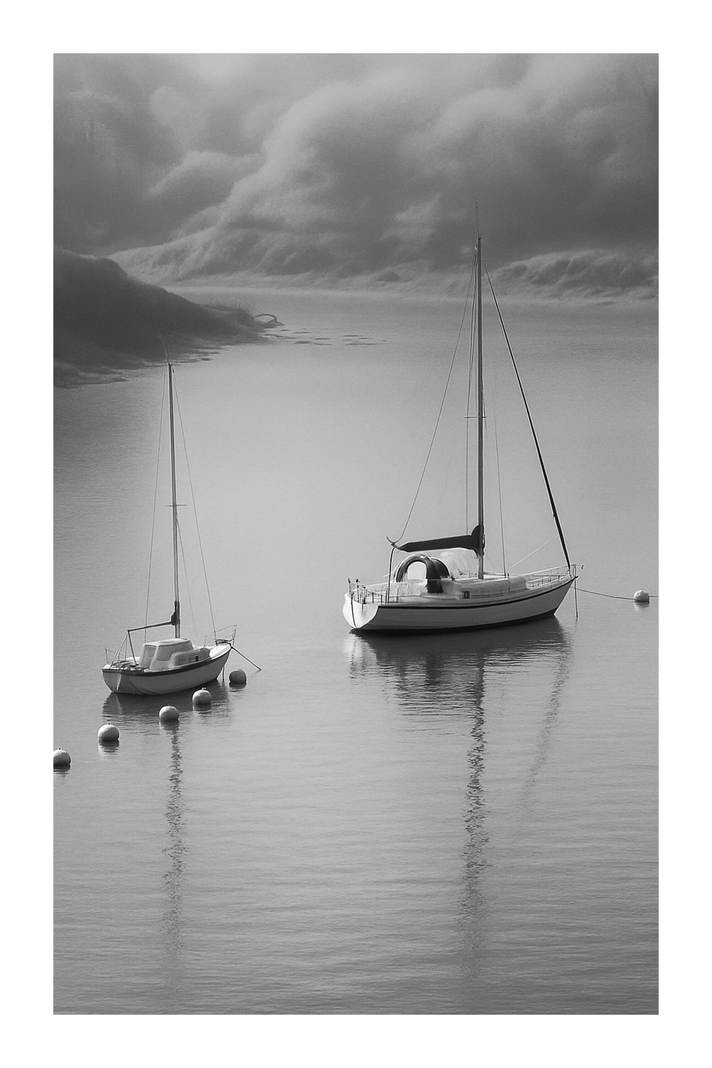 Deux voiliers immobiles dans la brume, eau bleutée et reflets calmes, noir et blanc avec bordure