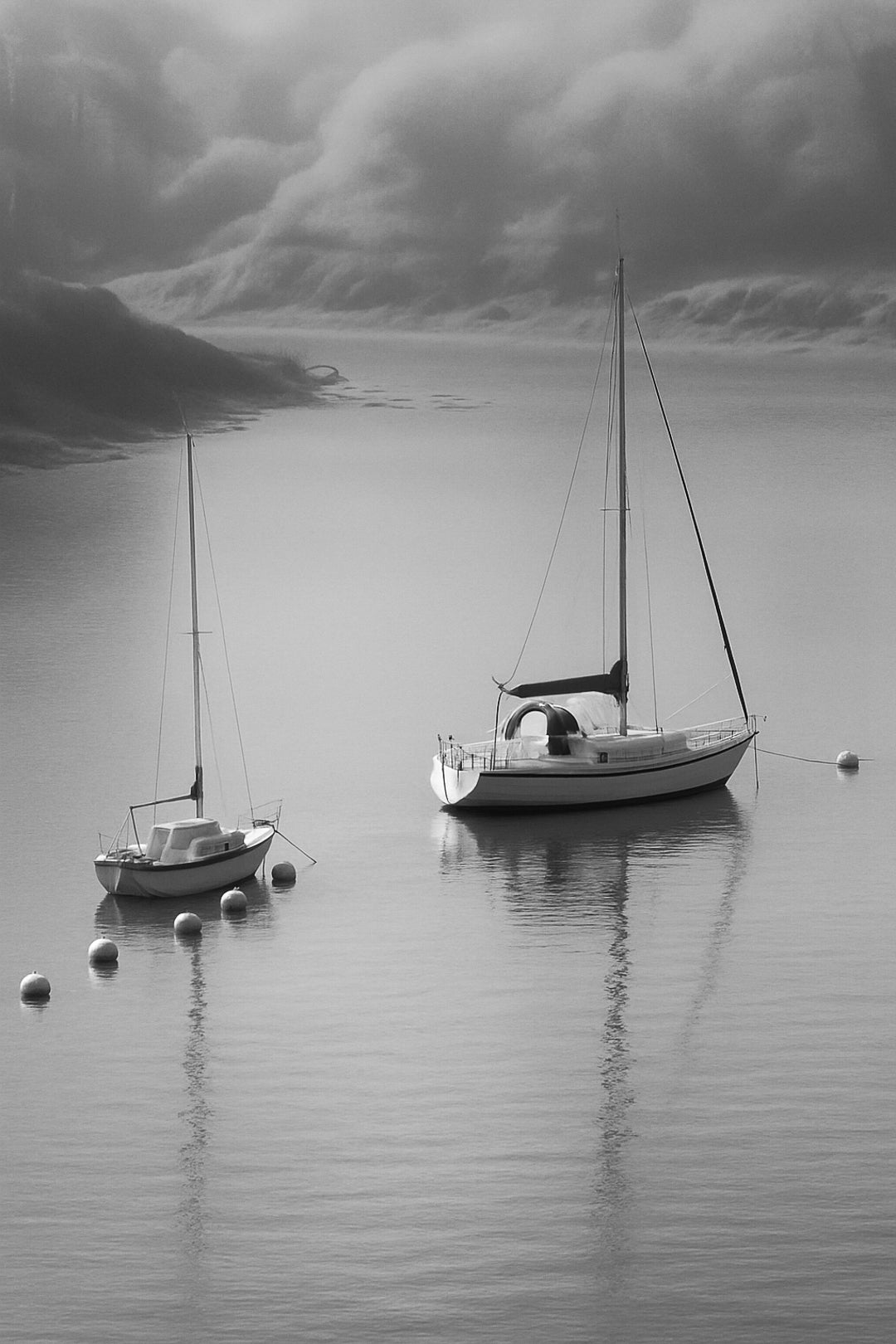 Deux voiliers immobiles dans la brume,  eau bleutée et reflets calmes, noir et blanc