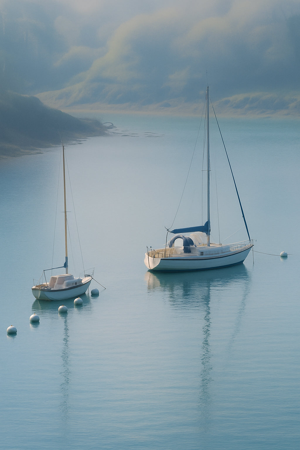 Deux voiliers immobiles dans la brume,  eau bleutée et reflets calmes