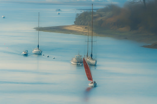 Voile rouge naviguant le long d’une file de bateaux au mouillage