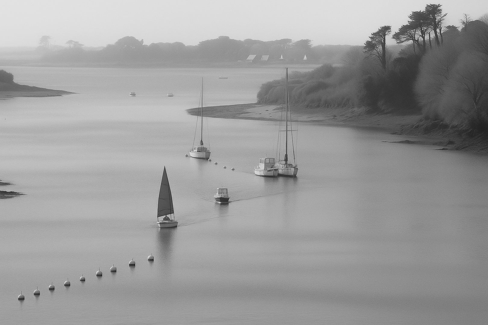 Large vue d’un estuaire breton avec une petite voile rouge et des bouées alignées, noir et blanc
