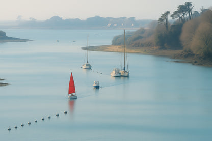 Large vue d’un estuaire breton avec une petite voile rouge et des bouées alignées