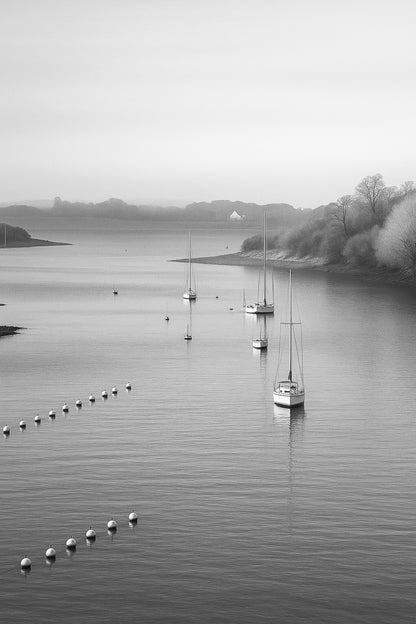 Alignement de bouées et de bateaux dessinant une courbe sur l’eau lisse d’un aber, noir et lanc