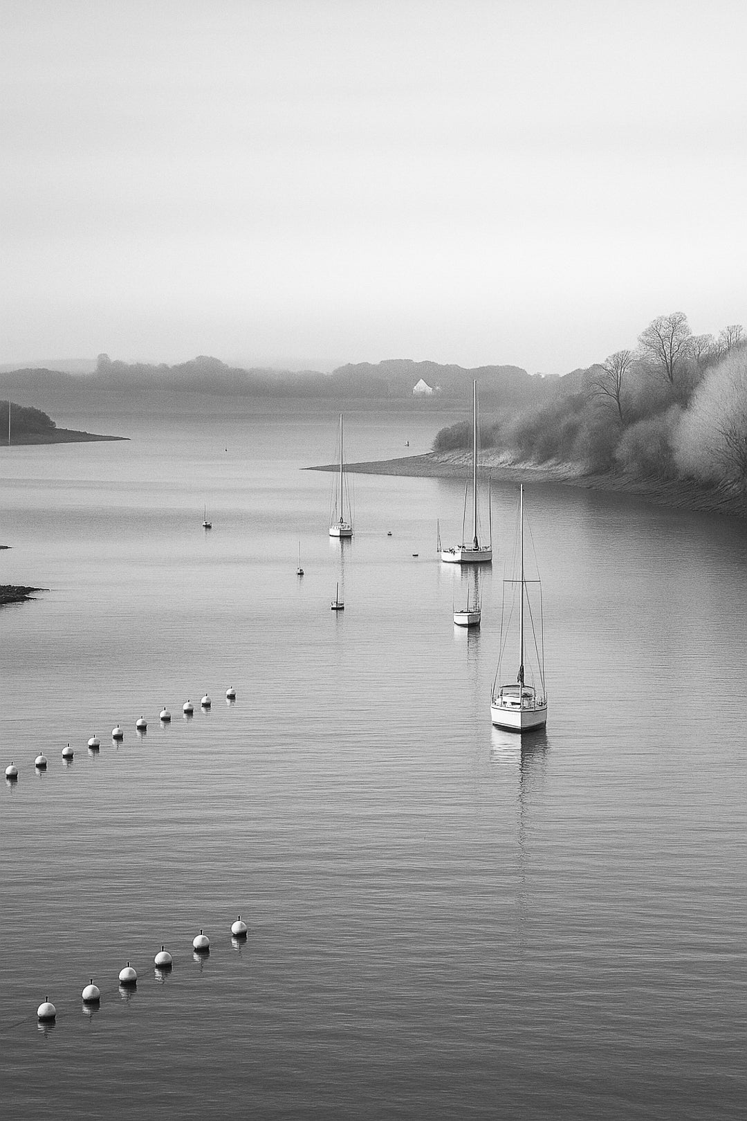 Alignement de bouées et de bateaux dessinant une courbe sur l’eau lisse d’un aber, noir et blanc