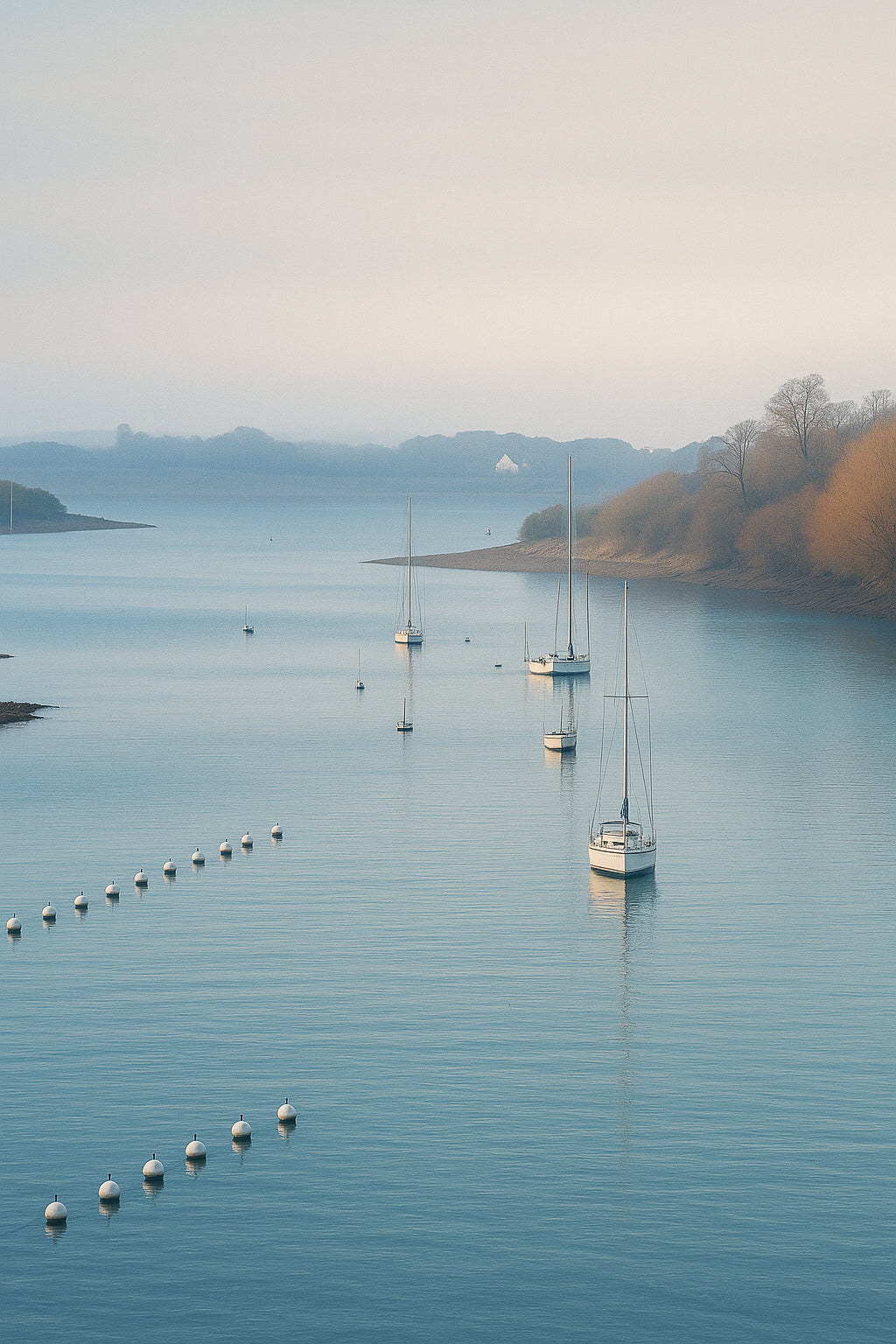 Alignement de bouées et de bateaux dessinant une courbe sur l’eau lisse d’un aber
