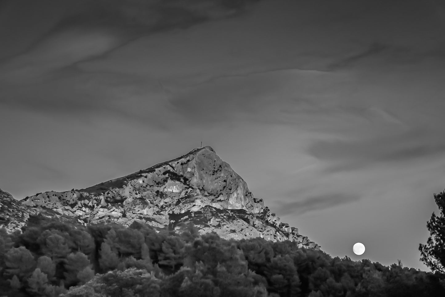 Lune jaune se levant près de la montagne Sainte-Victoire, ciel bleu aux nuages roses, pins en premier plan au crépuscule, noir et blanc