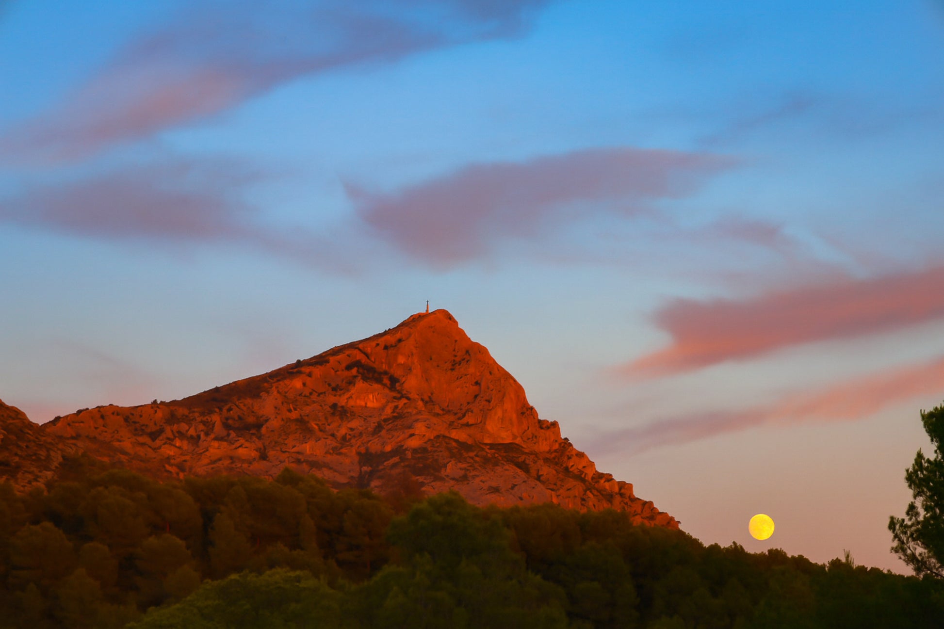 Lune jaune se levant près de la montagne Sainte-Victoire, ciel bleu aux nuages roses, pins en premier plan au crépuscule