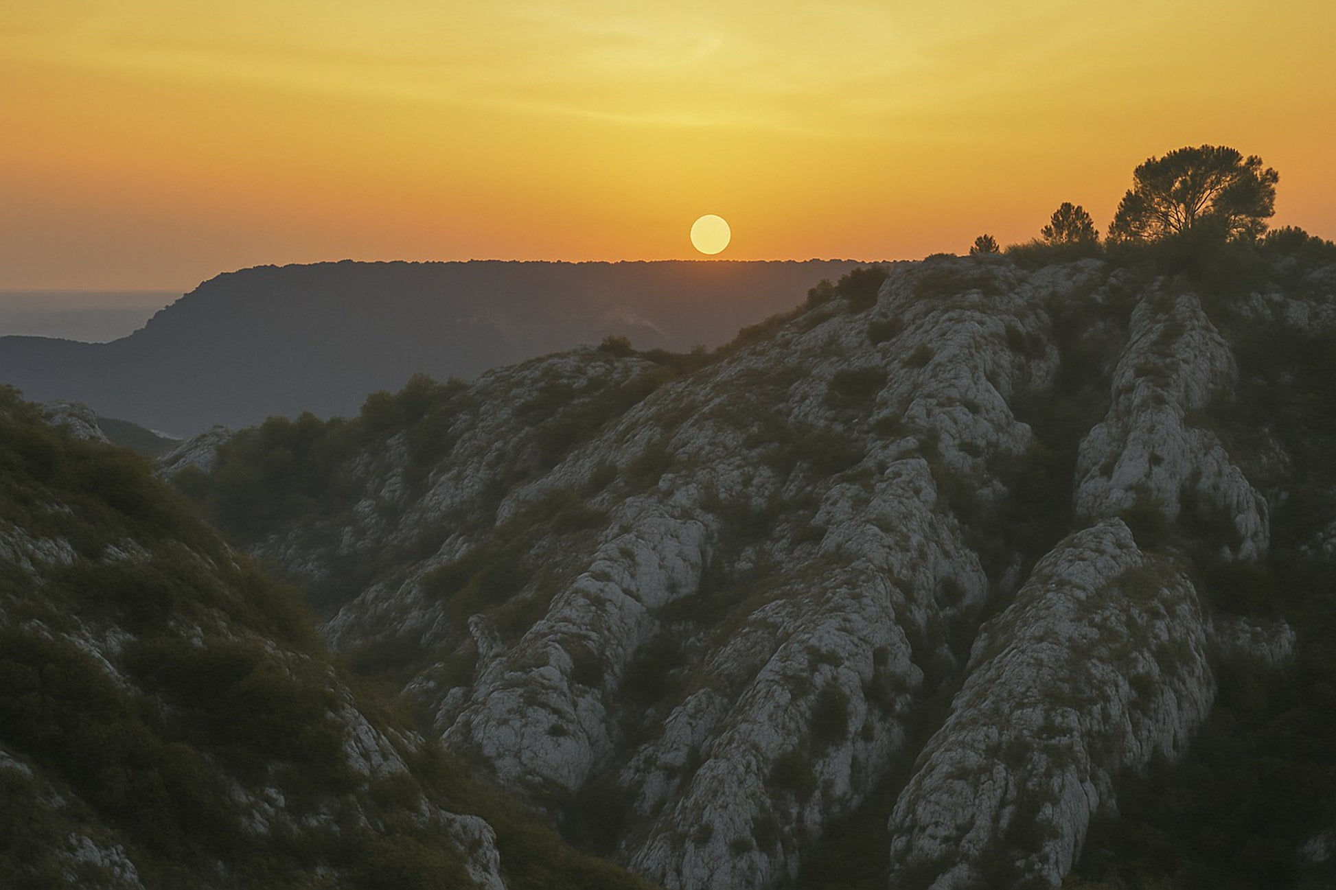 Soleil rond effleurant l’horizon au-dessus d’un vallon de roches blanches, teintes orange depuis le barrage de Bimont