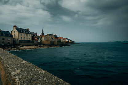Panorama de Roscoff longeant la digue, maisons serrées au bord de l’eau face à la mer d’Iroise, couleur