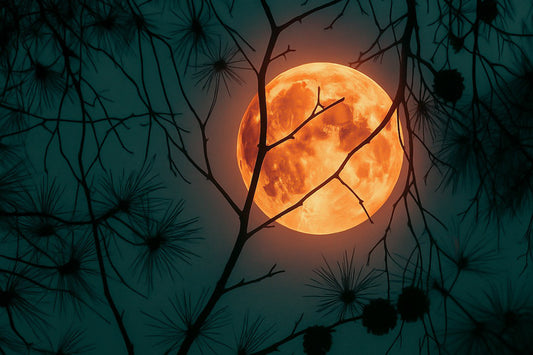 Pleine lune orangée se levant derrière les branches sombres des pins dans la pinède de Giens, photographiée un soir d’été.