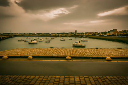 Port de Roscoff, pavés au premier plan, barques au mouillage et môle au loin, couleur