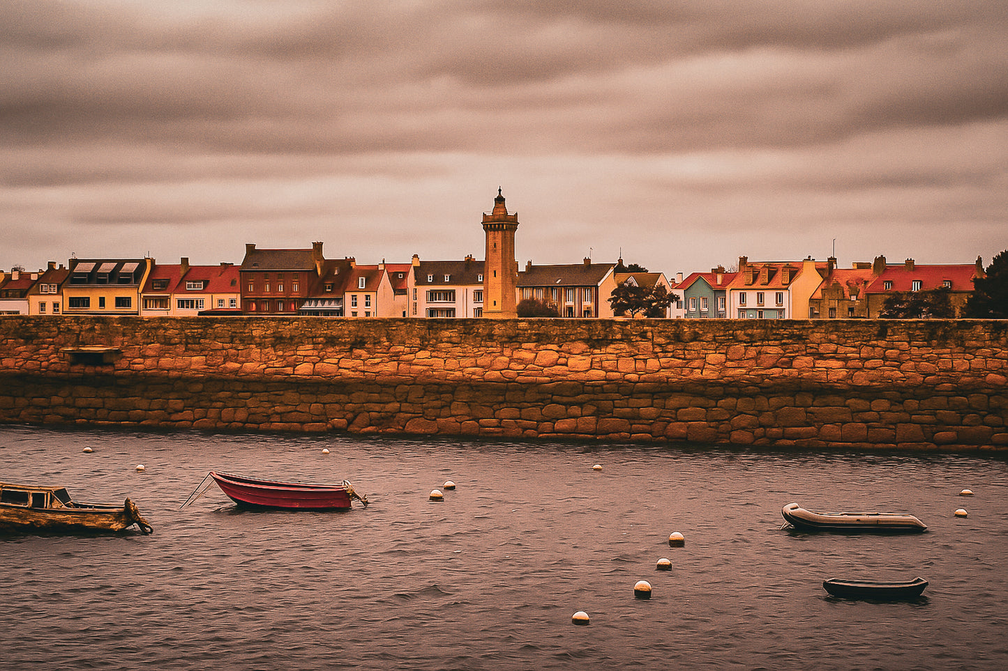 Vue du bassin de Roscoff, jetée en granit, bouées et embarcations avec une tour/clé de clocher en arrière-plan, couleur