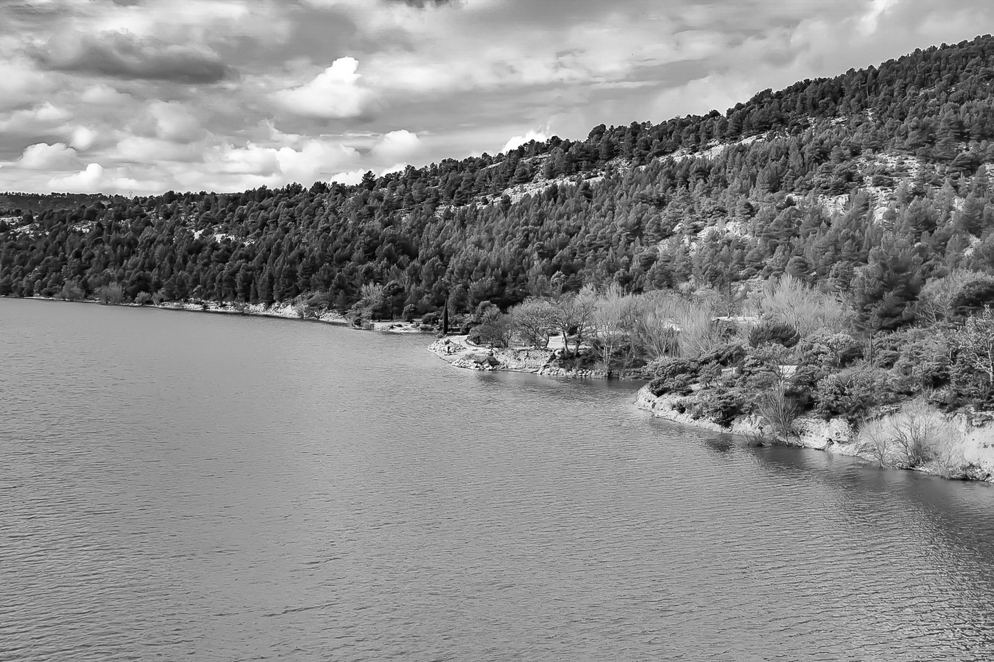 Rive du lac de Sainte-Croix aux eaux turquoise, bordée de pinèdes et de collines ocres, noir et blanc