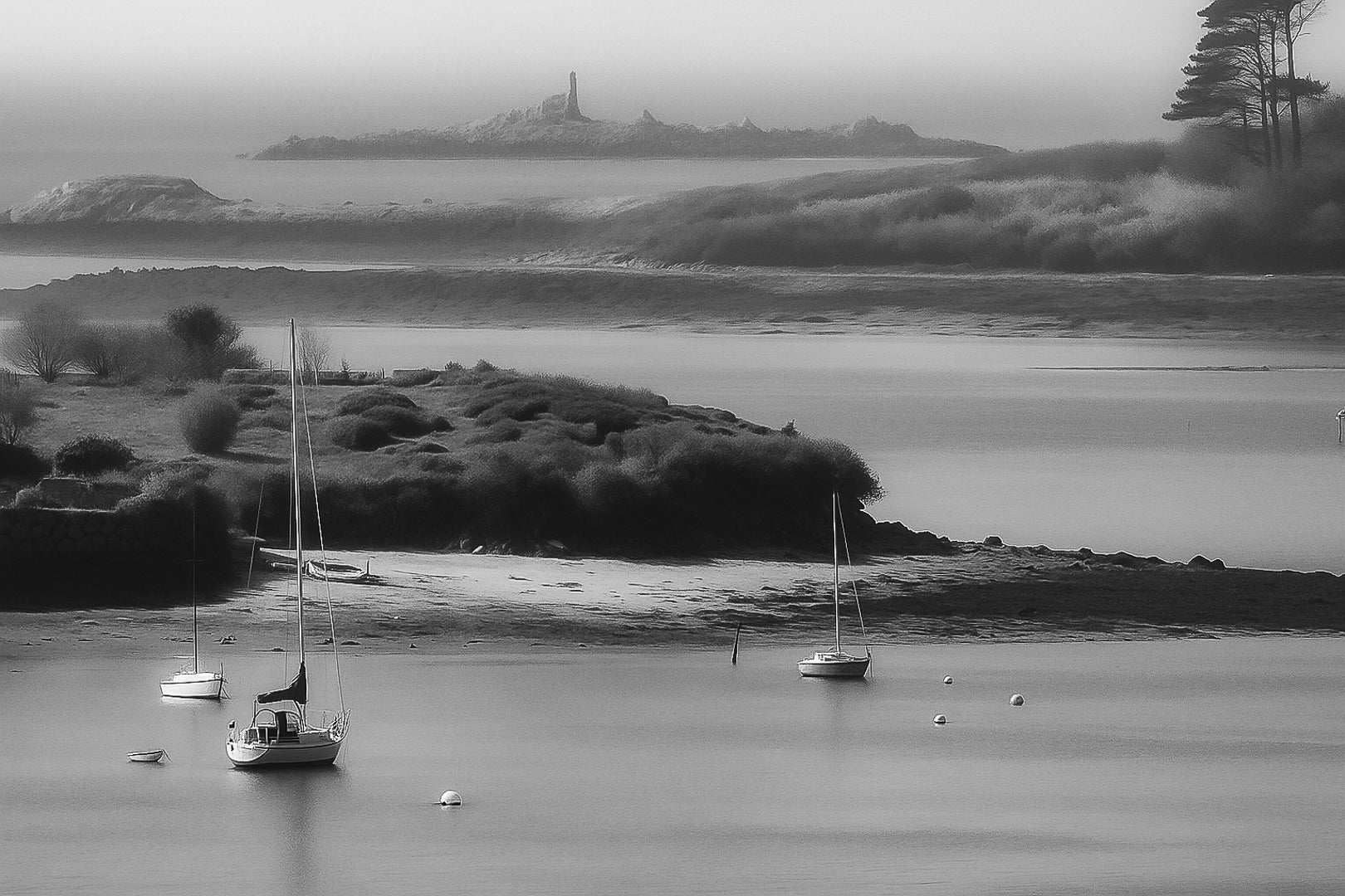 Îlots et presqu’îles en plans successifs dans une brume douce sur la côte des Abers, noir et blanc