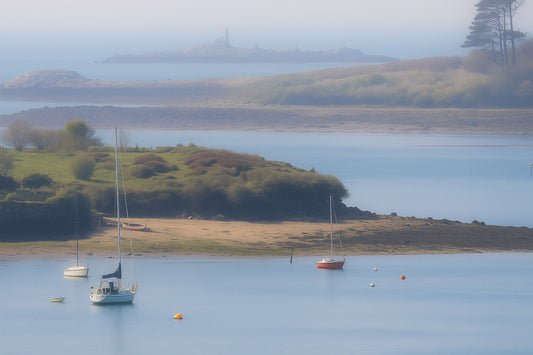Îlots et presqu’îles en plans successifs dans une brume douce sur la côte des Abers