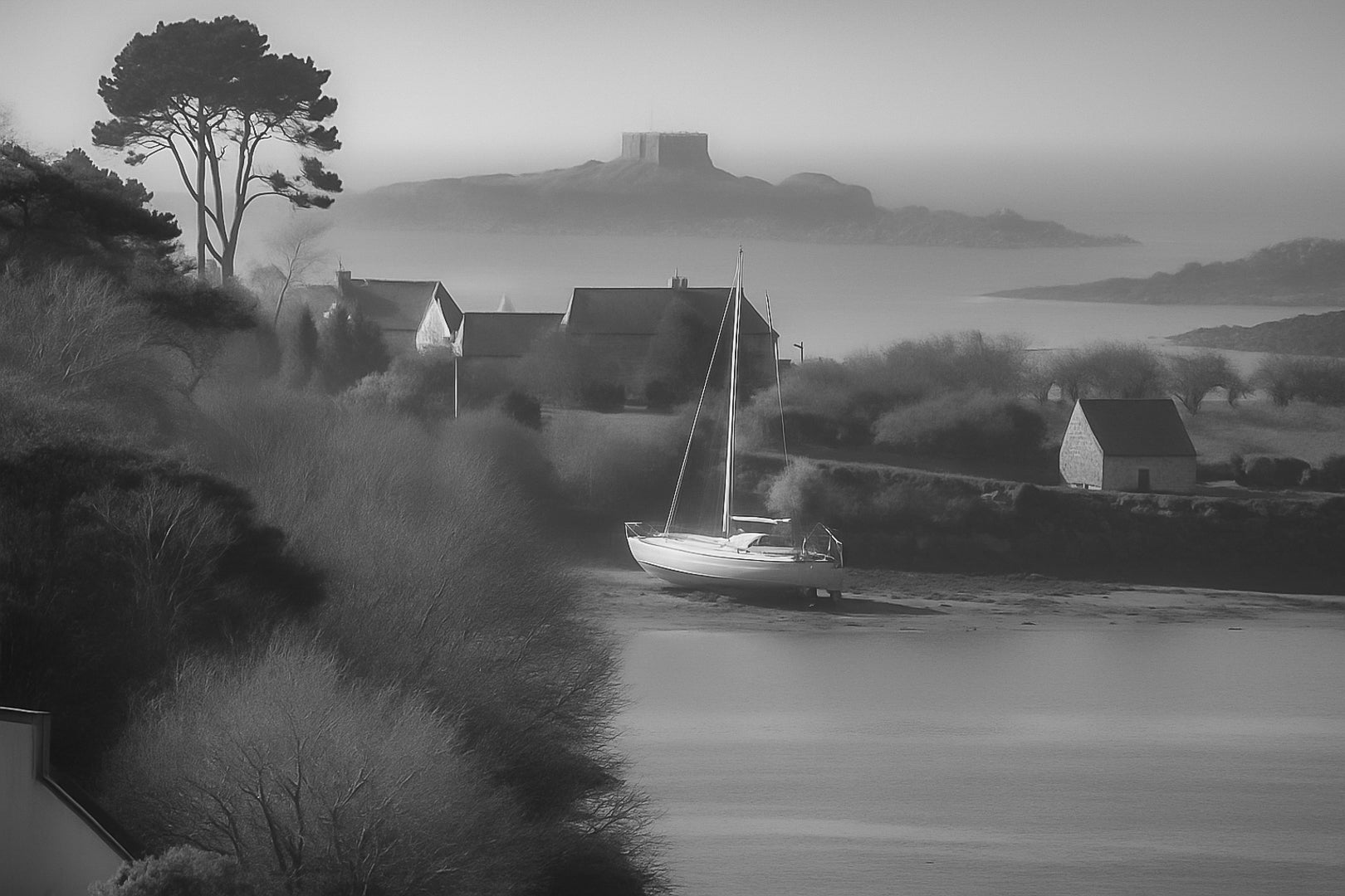 Voilier à marée basse devant un village breton, avec un petit fort sur îlot à l’horizon, noir et blanc