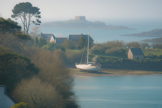 Voilier à marée basse devant un village breton, avec un petit fort sur îlot à l’horizon