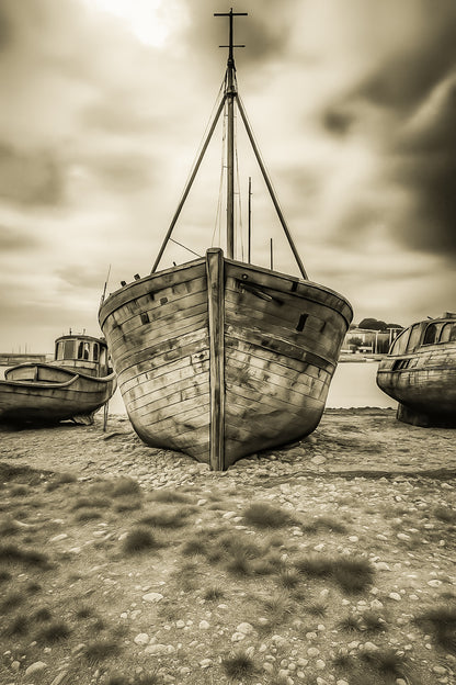 Épave bleue de face avec mât en croix, deux bateaux échoués de chaque côté, ciel d’orage à Camaret, vintage