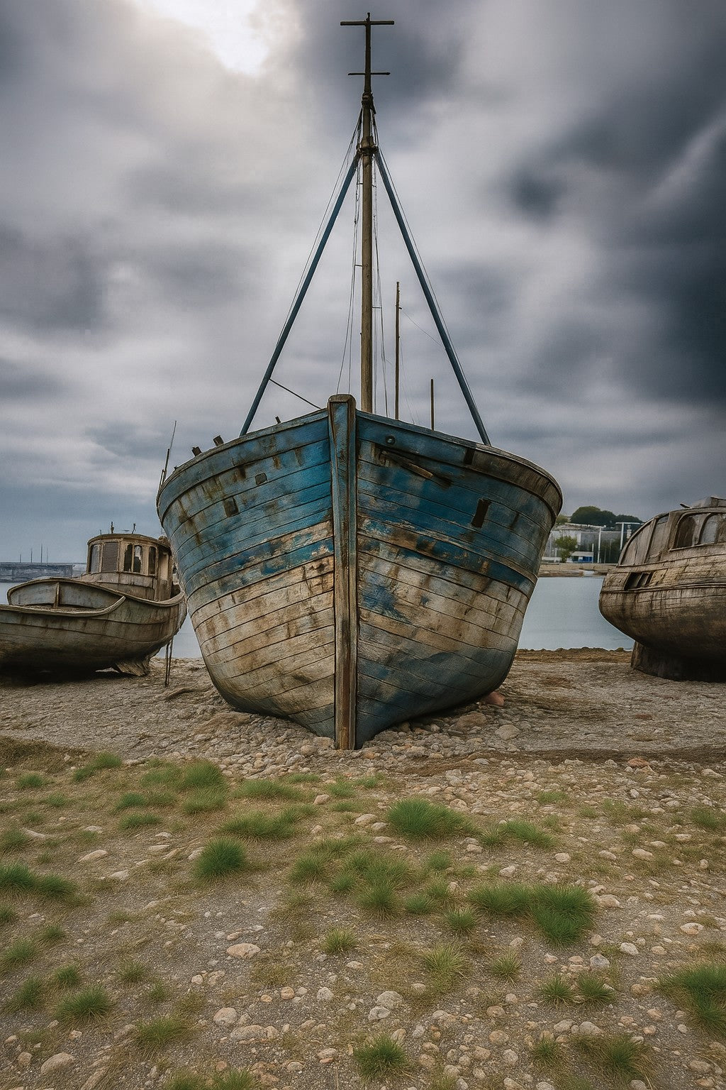 Épave bleue de face avec mât en croix, deux bateaux échoués de chaque côté, ciel d’orage à Camaret