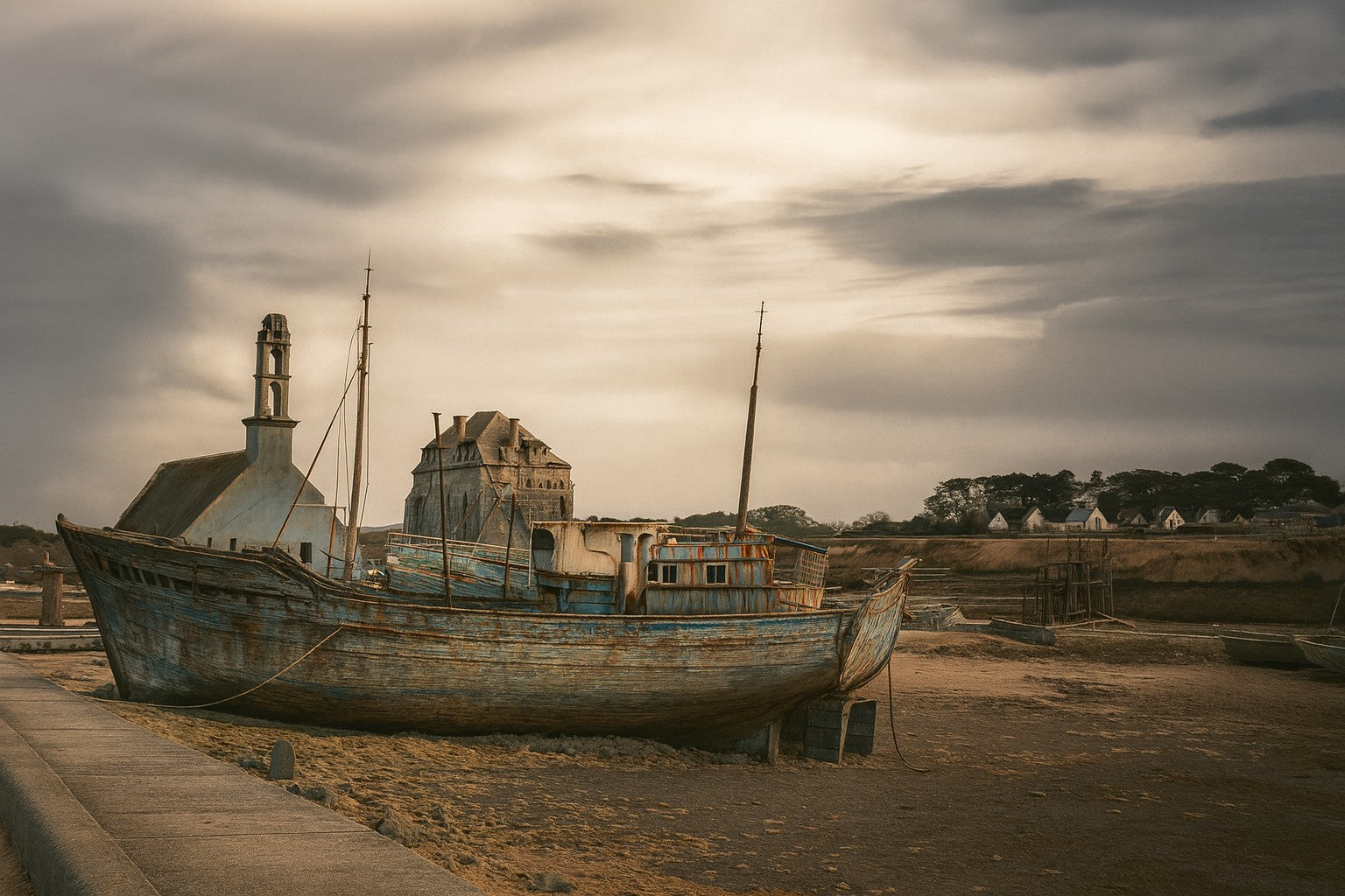 Épave bleue au premier plan devant chapelle et maisons, ciel doré au-dessus du port de Camaret