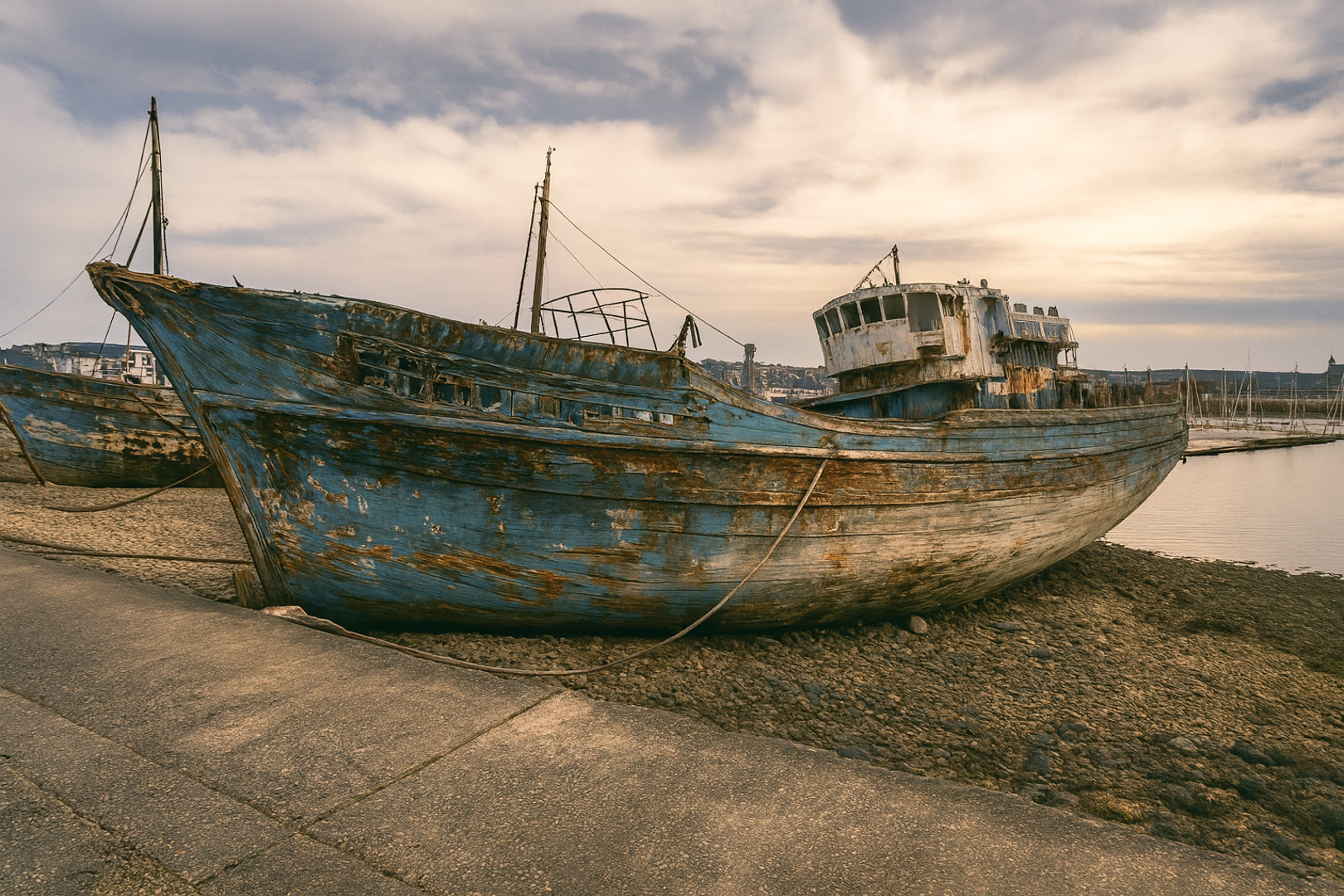 Grand chalutier rouillé échoué à marée basse, coque bleue écaillée, port de Camaret