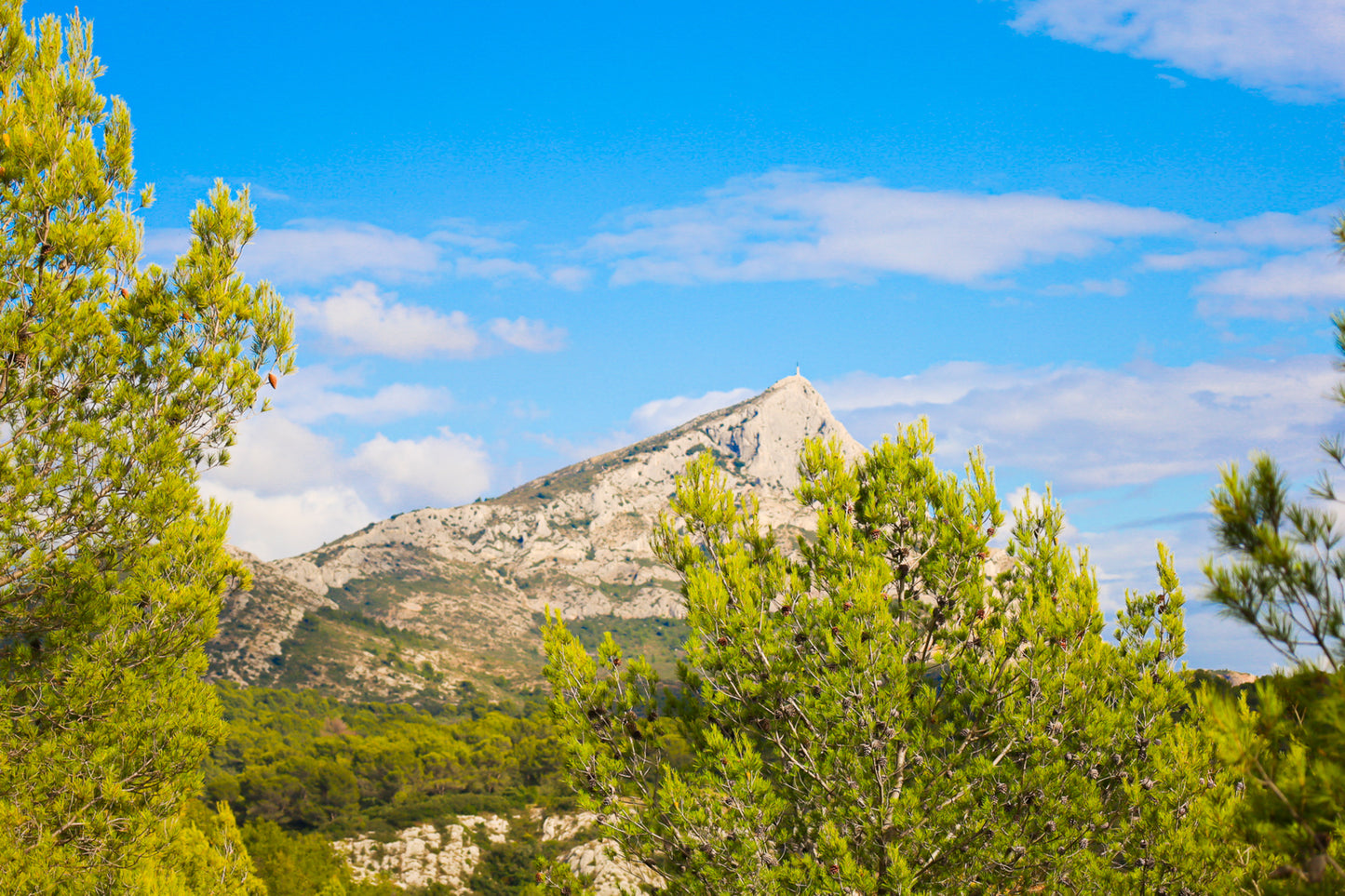 Sommet de la Sainte-Victoire se détachant derrière une forêt de pins sous un ciel bleu nuageux.