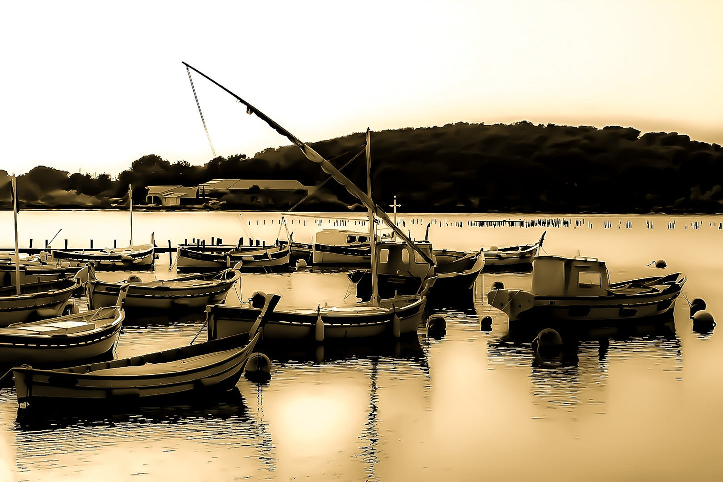 Barques traditionnelles serrées au port du Brusc au coucher du soleil, reflets dorés, traitement vintage sépia