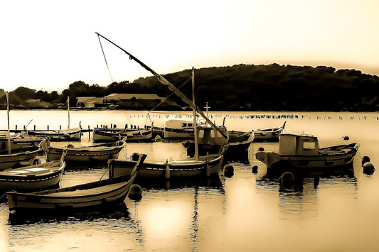 Barques traditionnelles serrées au port du Brusc au coucher du soleil, reflets dorés, traitement vintage sépia