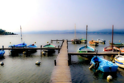 Ponton en bois menant à une rangée de barques, mer lisse et brume douce au port du Brusc, couleur