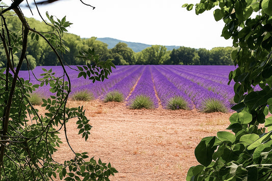 Champ de lavande encadré par des feuilles d’arbres au Tholonet