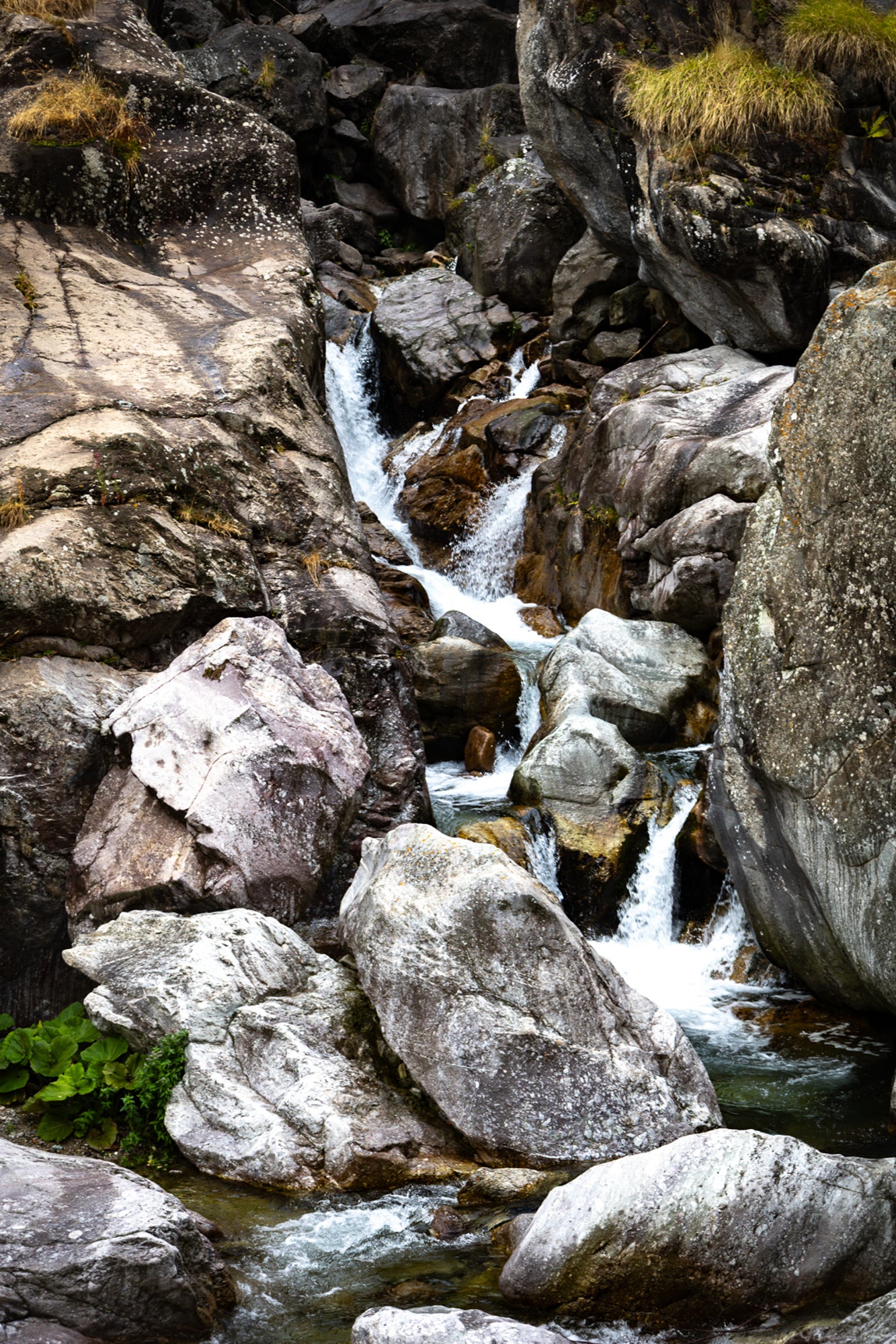 Cascade du Ray entre de gros blocs rocheux, eau qui s’écoule en marches successives, couleur
