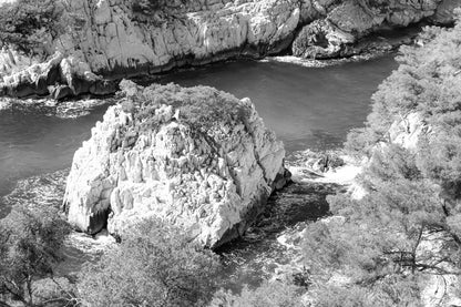 Petit îlot rocheux couvert de pins au centre d’une anse turquoise dans les calanques, noir et blanc