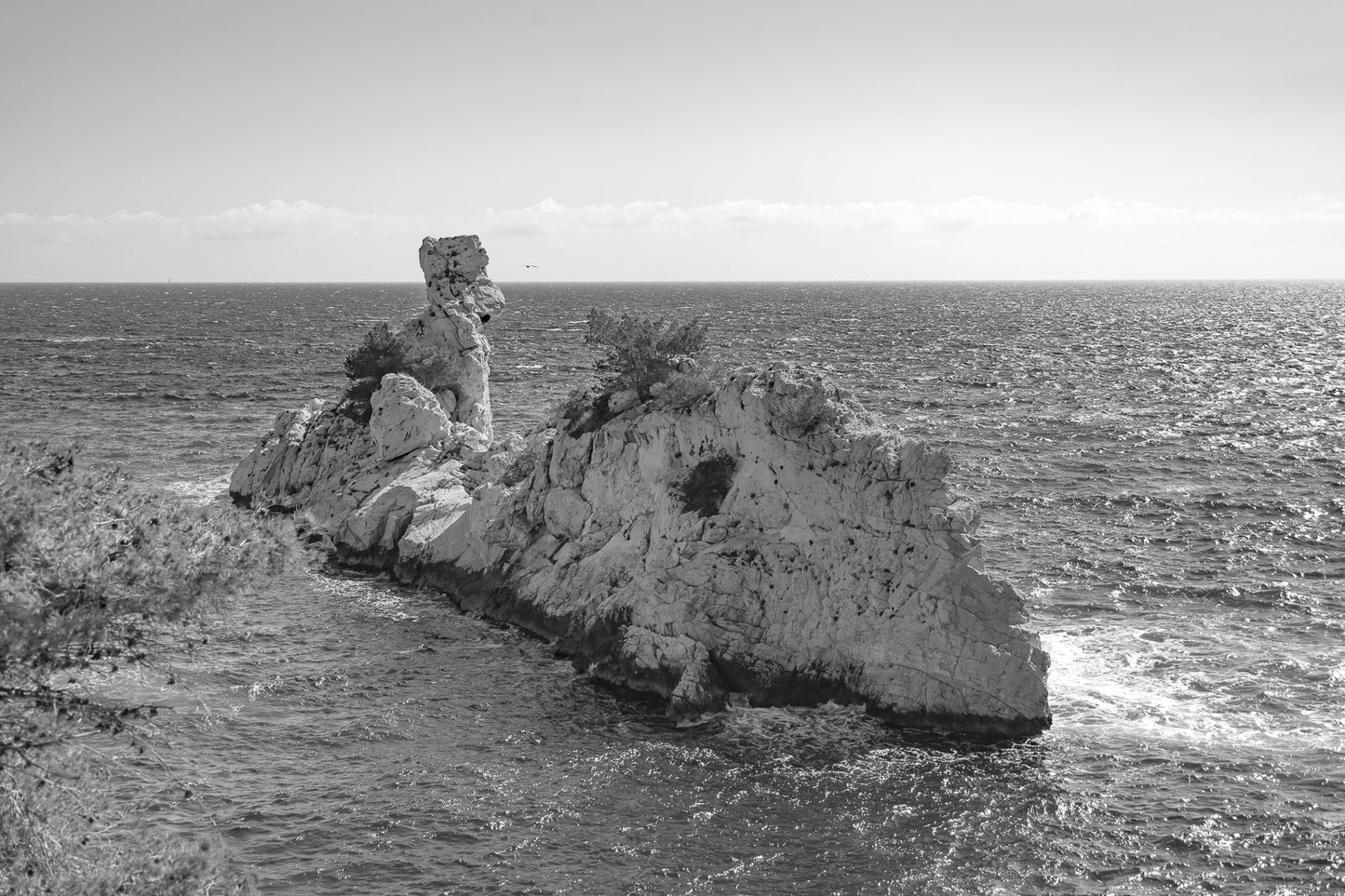 Rocher du Torpilleur battu par le mistral à l’entrée de la calanque de Sugiton, noir et blanc