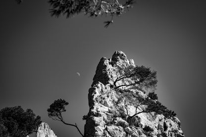 Piton rocheux et pins, demi-lune en arrière-plan, interprétation noir et blanc.