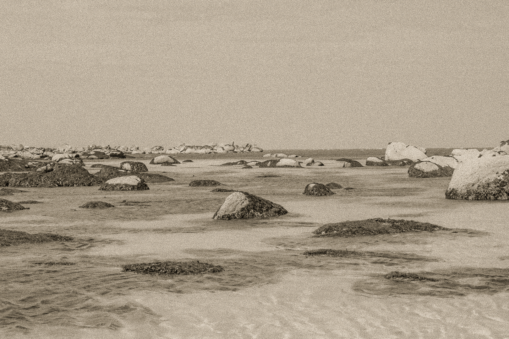 Rochers et laisses de mer à marée basse sur sable clair, rendu ancien sépia, site de Meneham en Bretagne