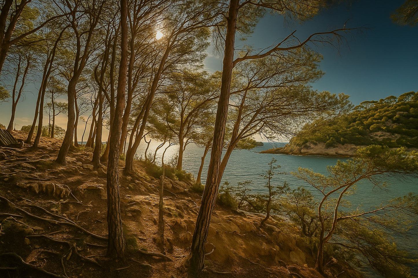 Port d’Alon, lumière dorée parmi les pins, vue sur la baie
