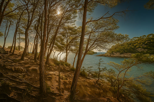 Port d’Alon, lumière dorée parmi les pins, vue sur la baie