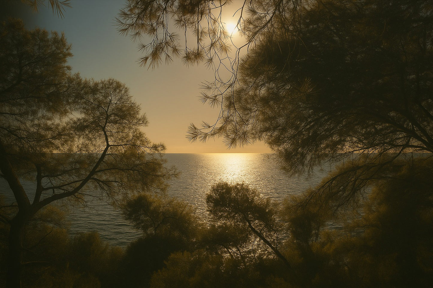 Branches de pins encadrant un soleil couchant au-dessus de la mer