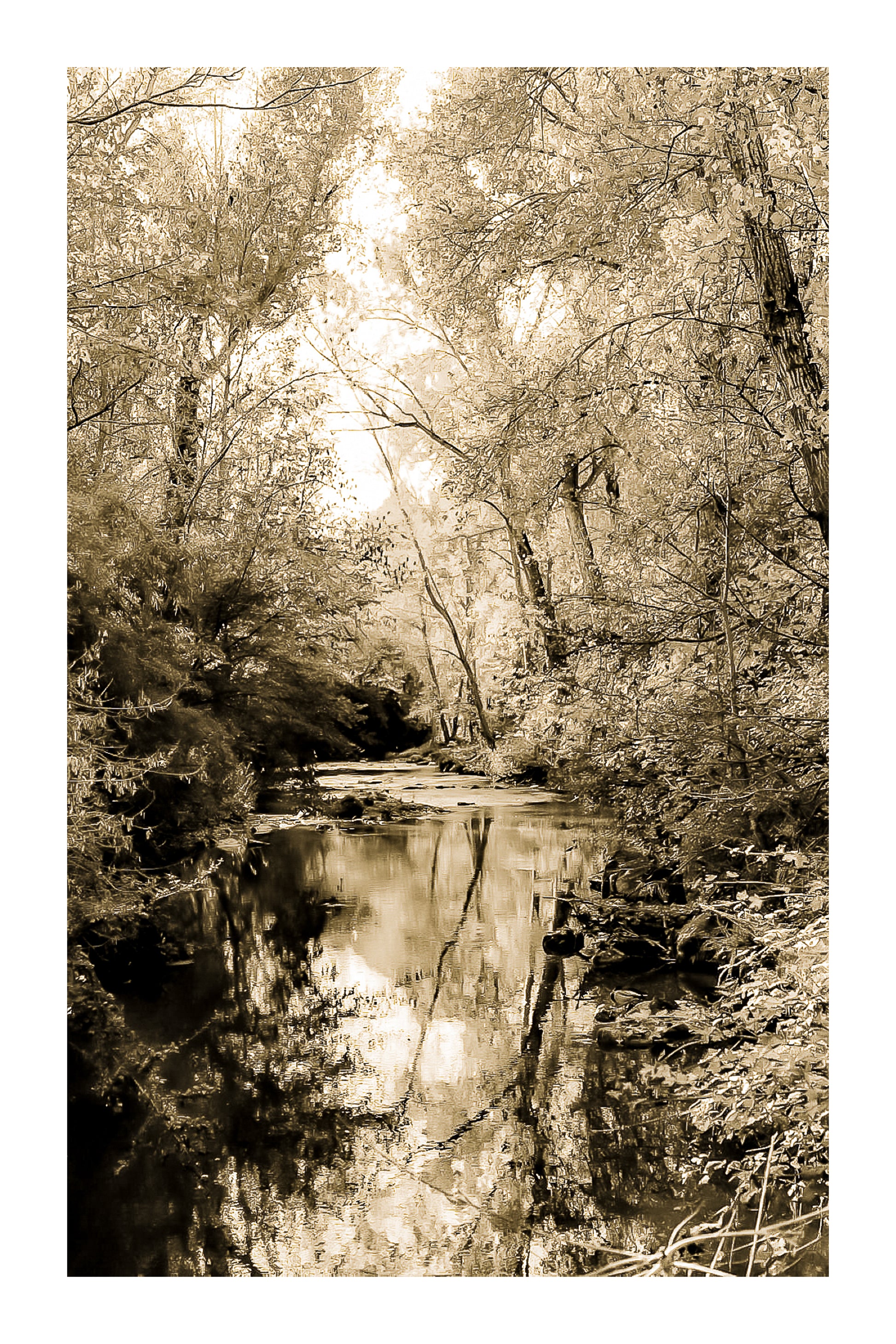 Rivière de l’Arc reflétant les feuillages jaunes et verts en automne, vintage avec bordure