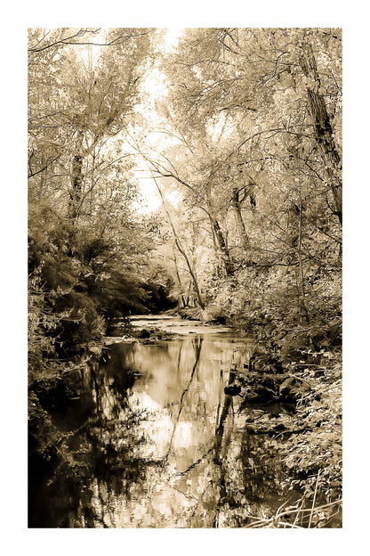 Rivière de l’Arc reflétant les feuillages jaunes et verts en automne, vintage avec bordure