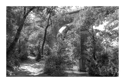 Viaduc de pierre traversant une vallée boisée au-dessus de la rivière de l’Arc, noir et blanc avec bordure