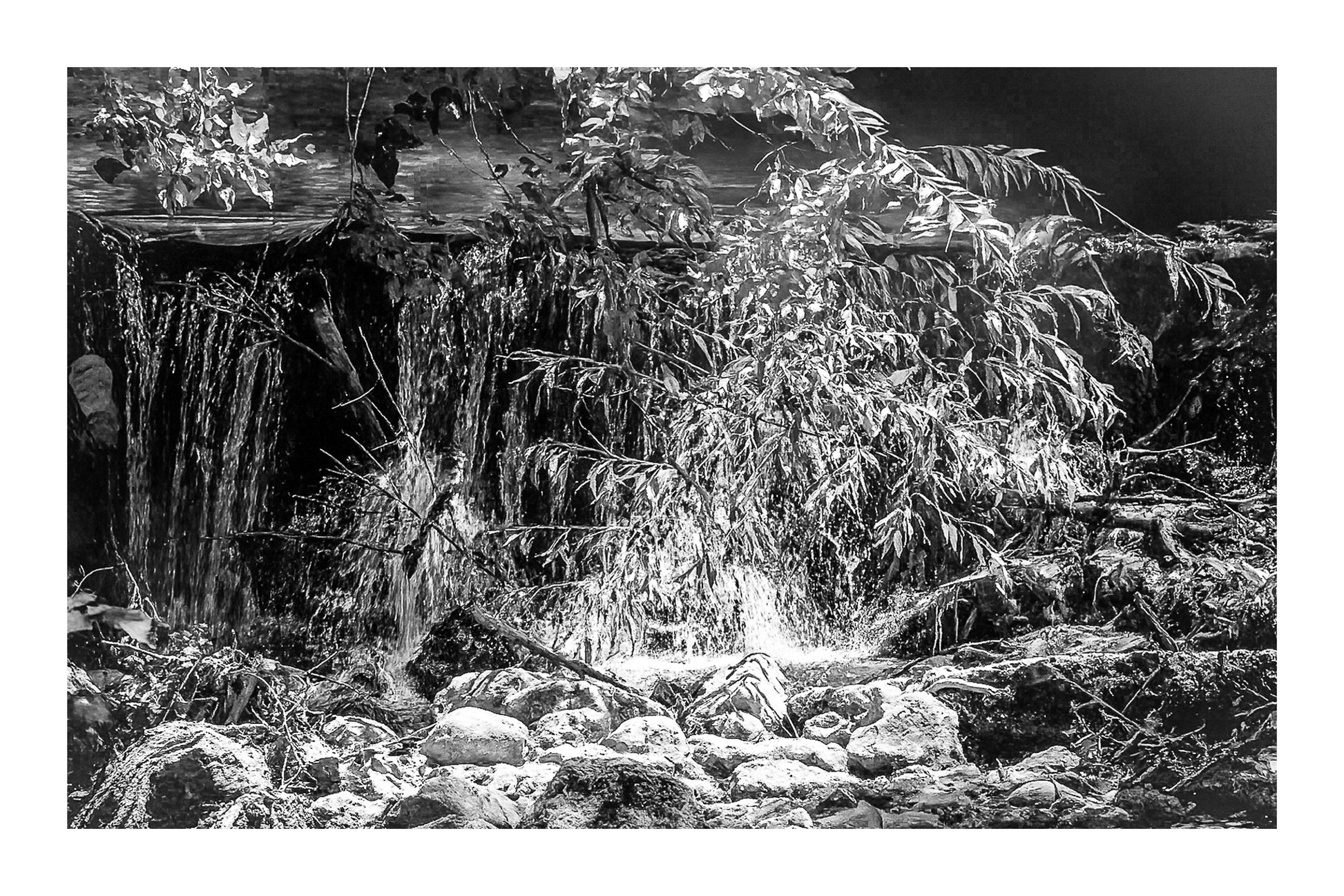 Petite chute d’eau de l’Arc éclairée par un rayon de soleil à travers les branches, noir et blanc avec bordure