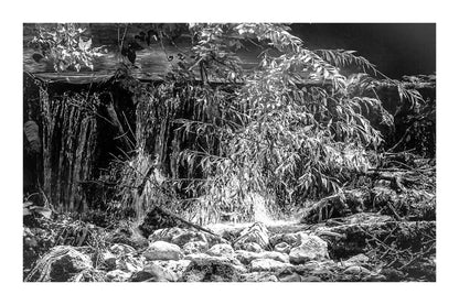 Petite chute d’eau de l’Arc éclairée par un rayon de soleil à travers les branches, noir et blanc avec bordure