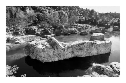 Rocher allongé sur la Cèze avec tronc et reflets, entouré de berges rocheuses et de végétation, noir et blanc avec bordure