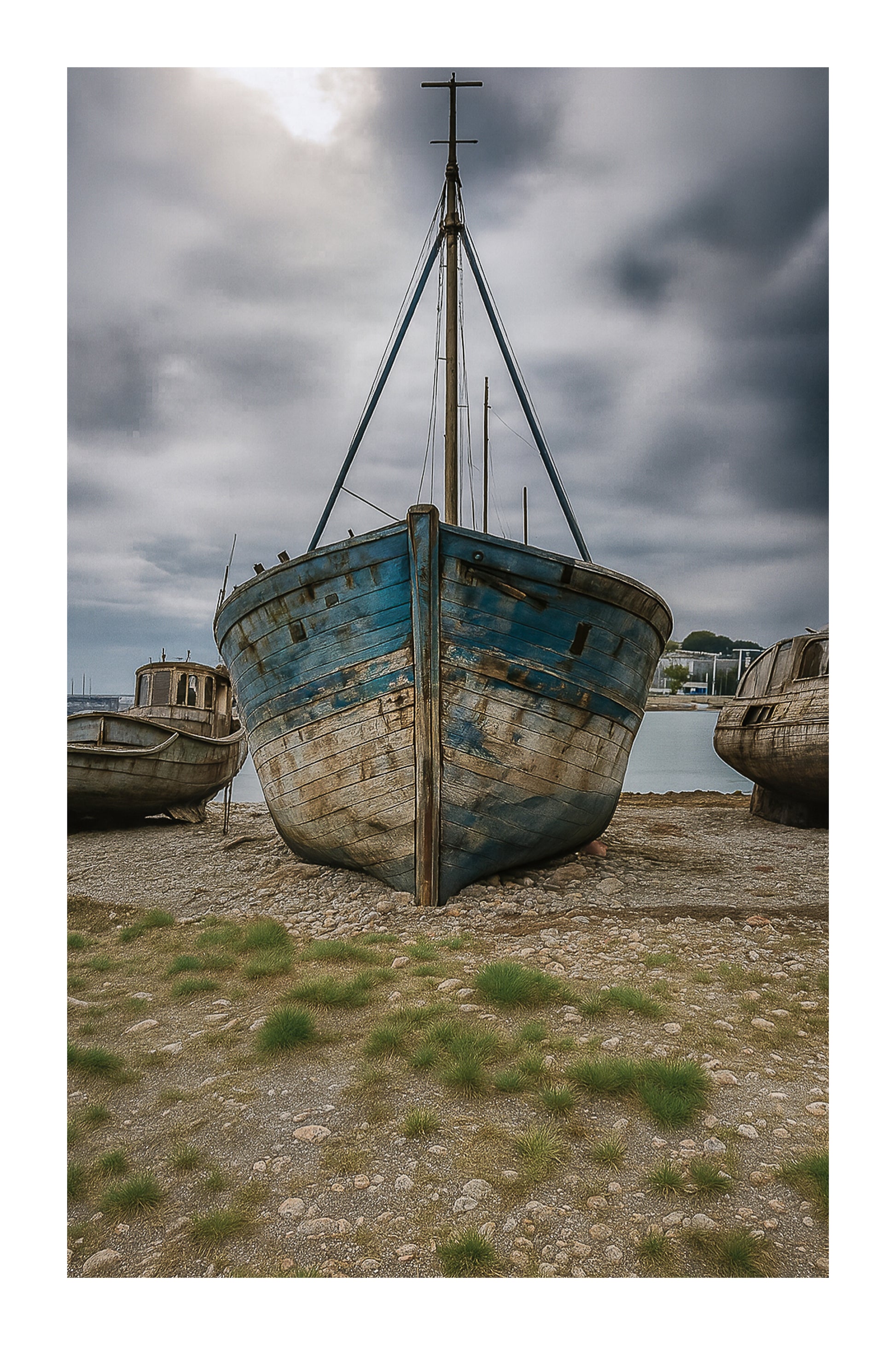 Épave bleue de face avec mât en croix, deux bateaux échoués de chaque côté, ciel d’orage à Camaret, avec bordure
