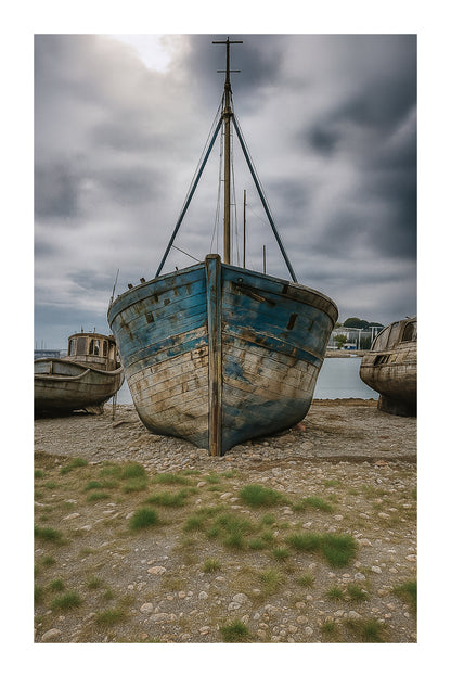 Épave bleue de face avec mât en croix, deux bateaux échoués de chaque côté, ciel d’orage à Camaret, avec bordure