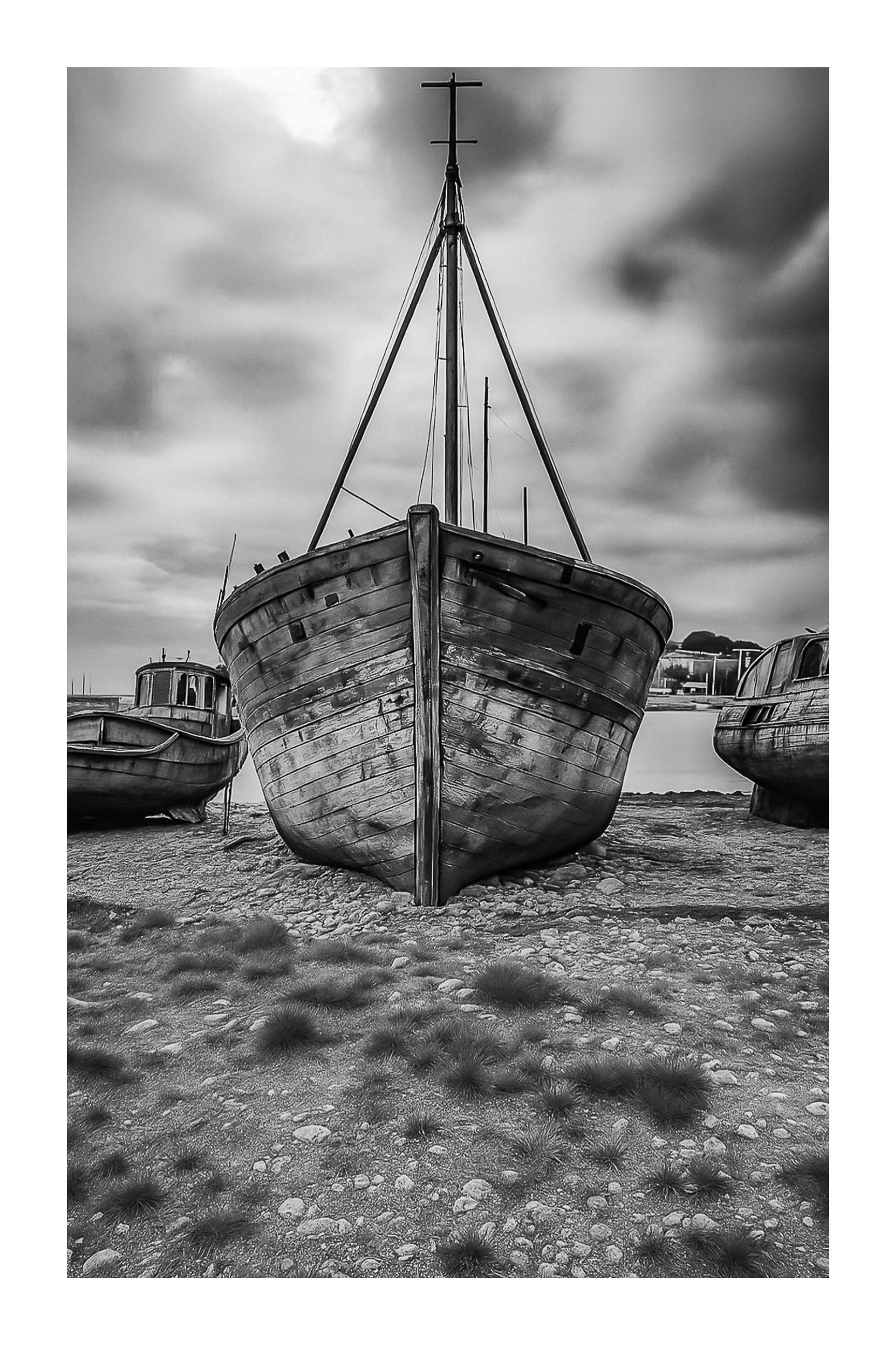 Épave bleue de face avec mât en croix, deux bateaux échoués de chaque côté, ciel d’orage à Camaret, noir et blanc avec bordure