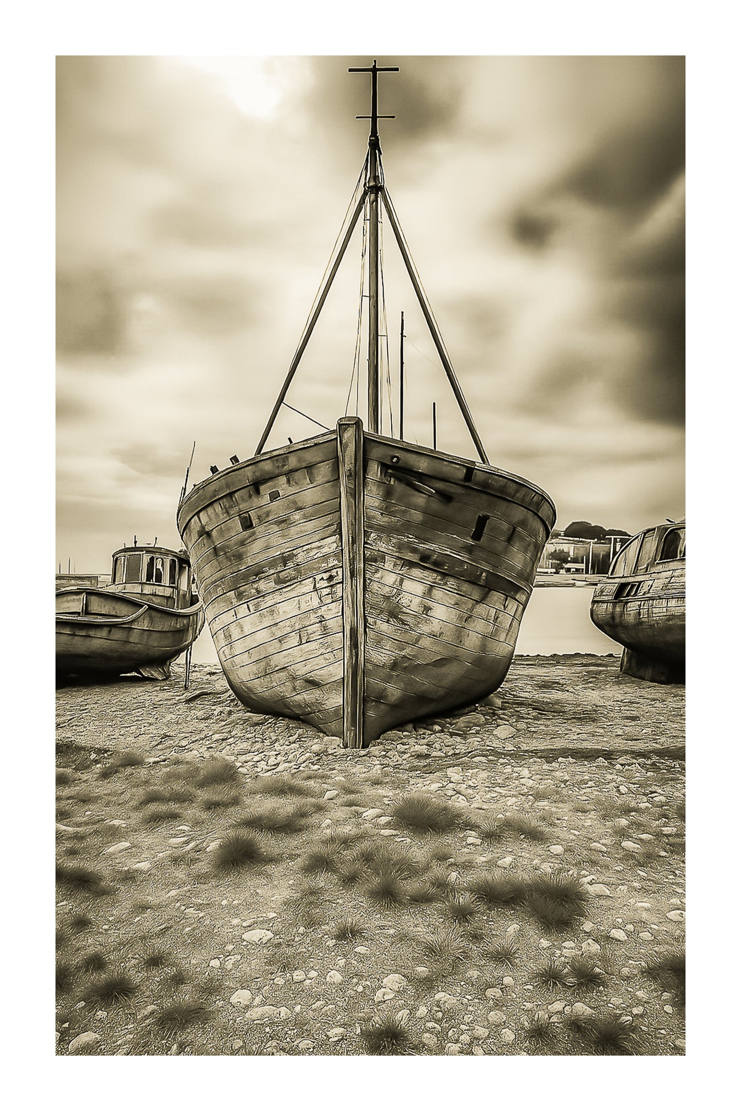 Épave bleue de face avec mât en croix, deux bateaux échoués de chaque côté, ciel d’orage à Camaret, vintage avec bordure
