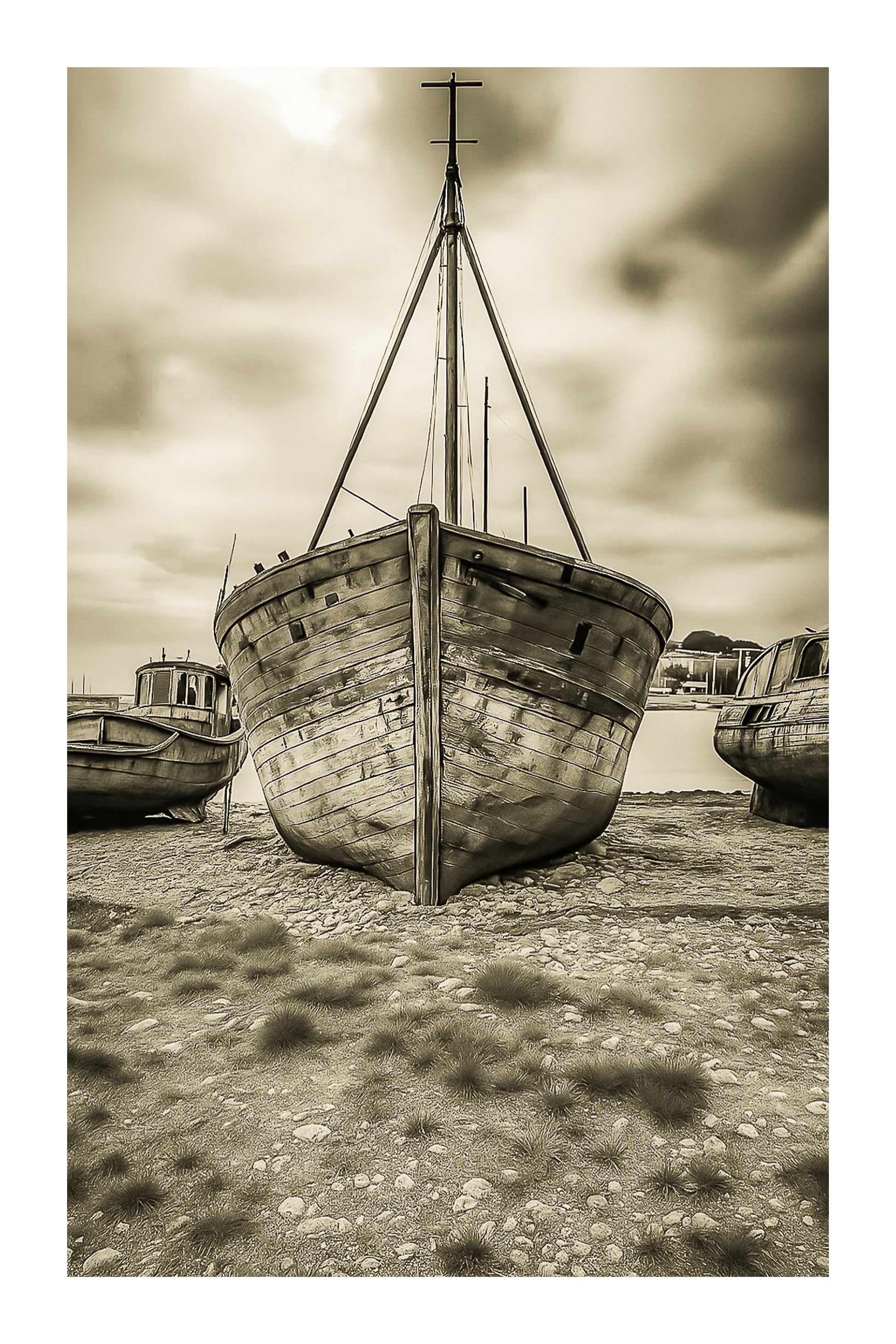 Épave bleue de face avec mât en croix, deux bateaux échoués de chaque côté, ciel d’orage à Camaret, vintage avec bordure